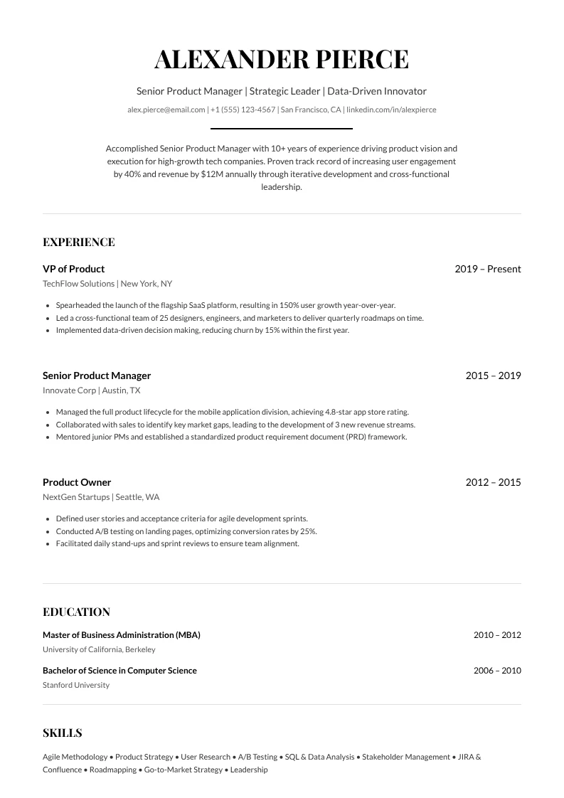 Simple Typographic Senior Product Manager Resume A4 Portrait