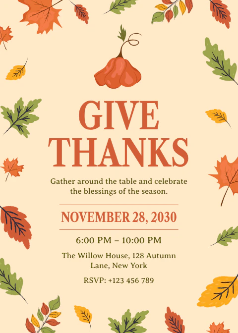 Autumn Leaves Thanksgiving Dinner Invitation Portrait