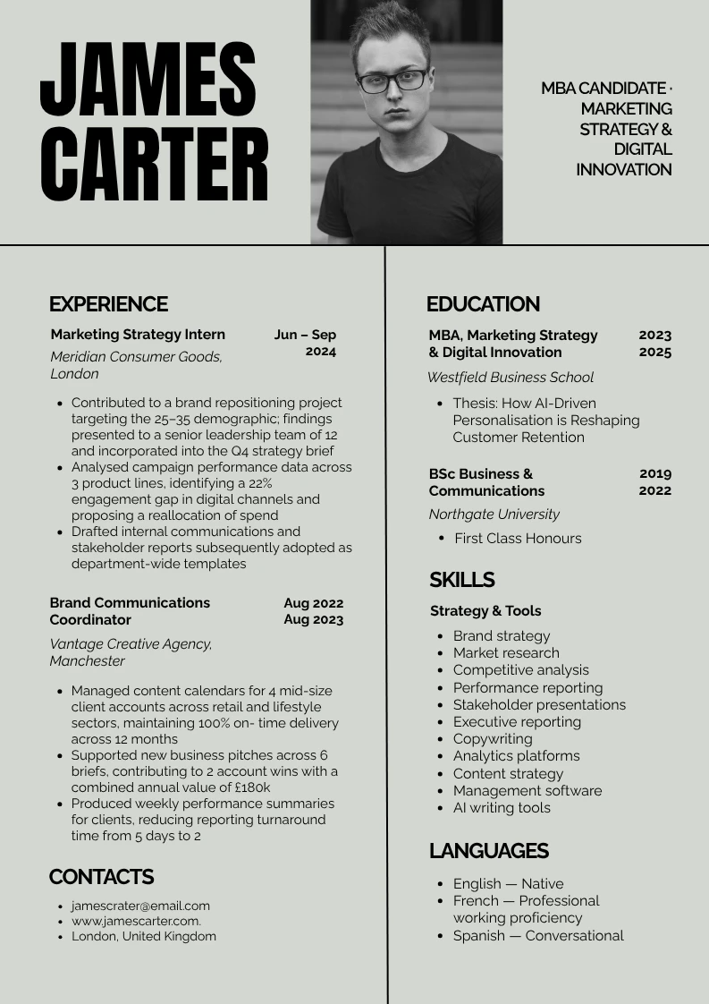 Pale Green and Black Modern MBA Candidate Resume A4 Portrait