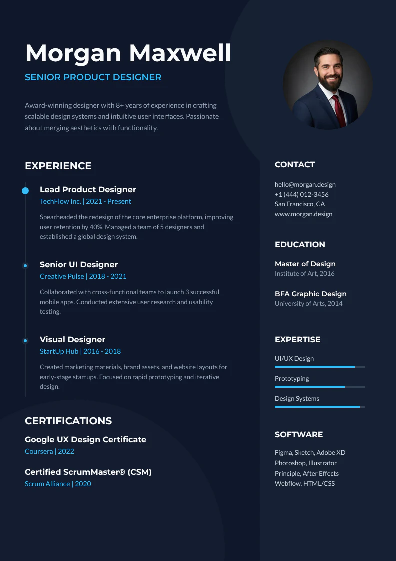 Blue Professional Senior Product Designer Resume A4 Portrait