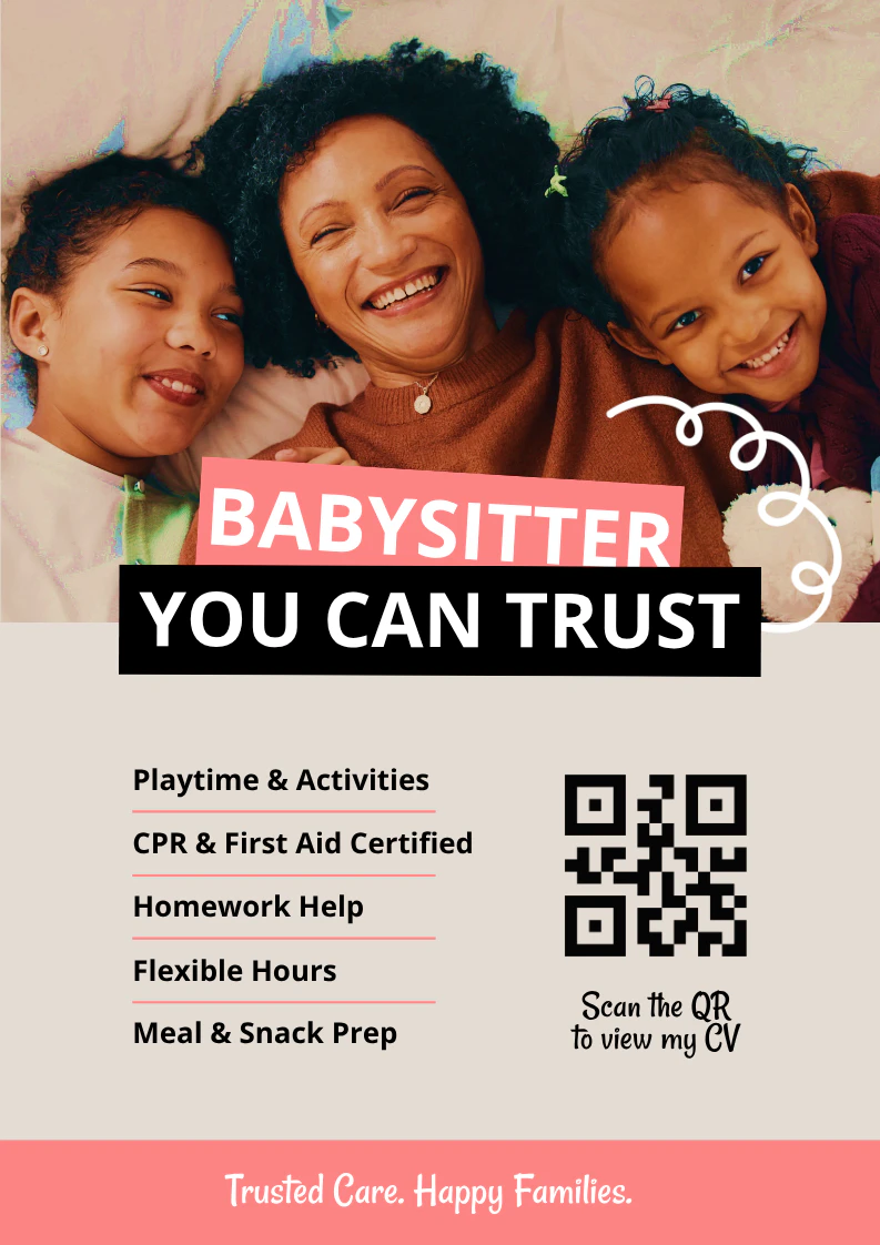 Pink and Beige Modern Babysitter Services Promotional Flyer A4 Portrait